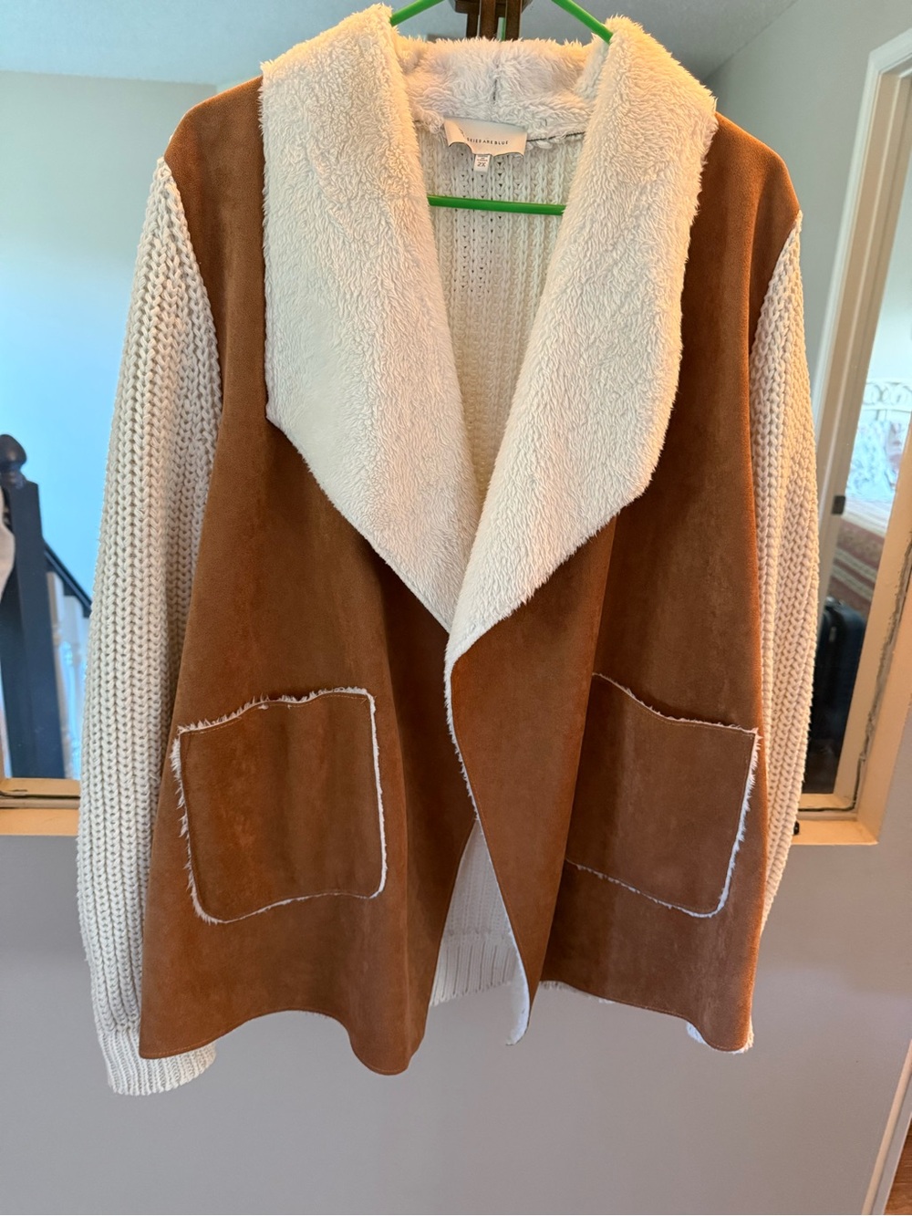 Skies Are Blue 2X Faux Suede Sherpa Cardigan Jacket Camel Cream Boho